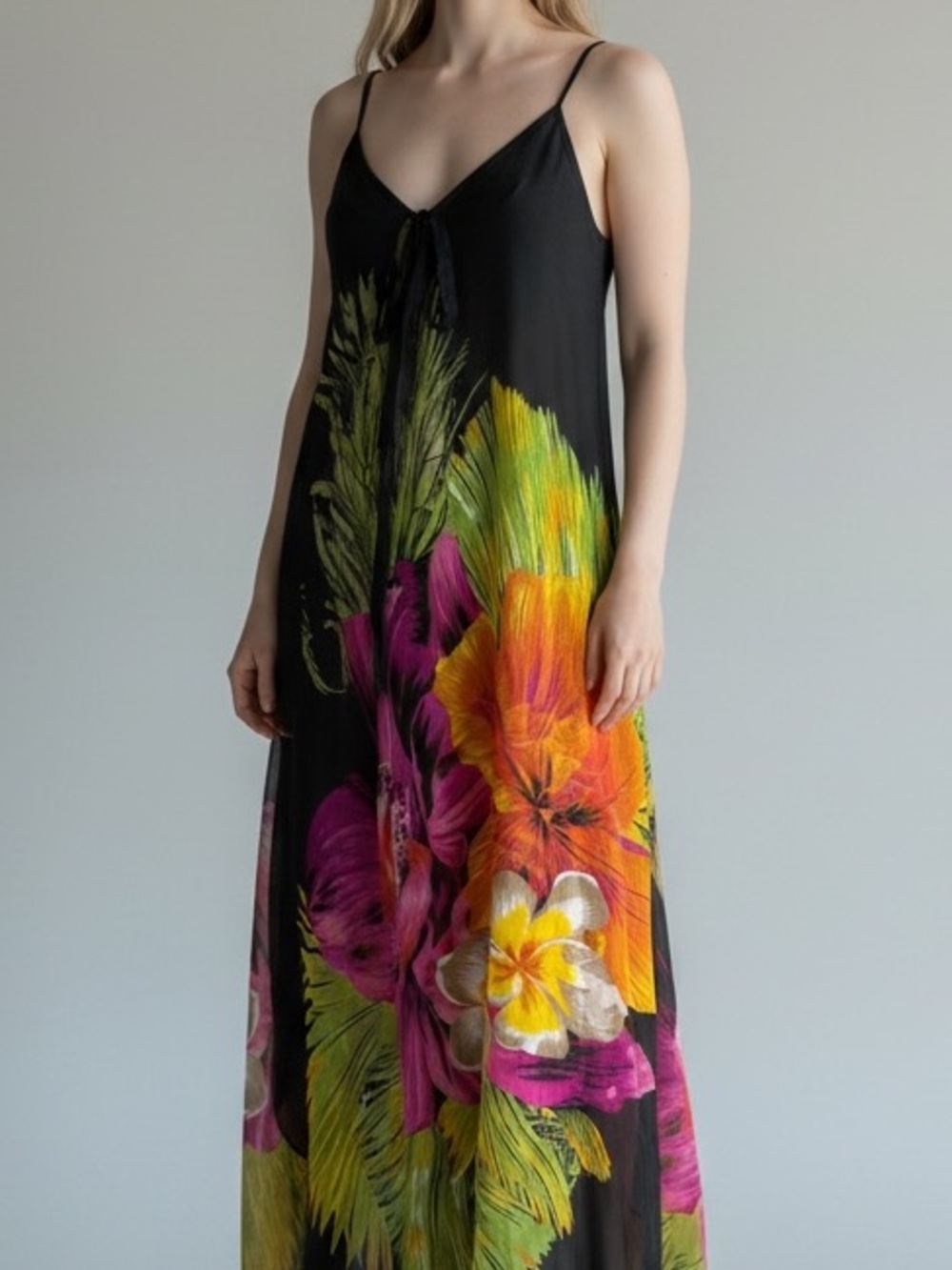 Indian Tropical Sheer Floral Maxi Dress Cover Up Chiffon Asymmetrical S/M